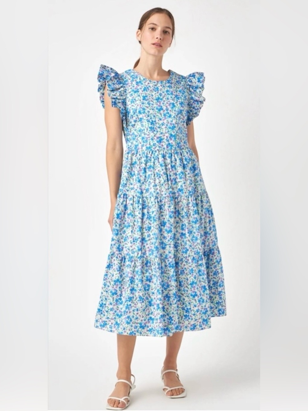 English Factory Blue Floral Ruffle Sleeve Midi Dress size Small